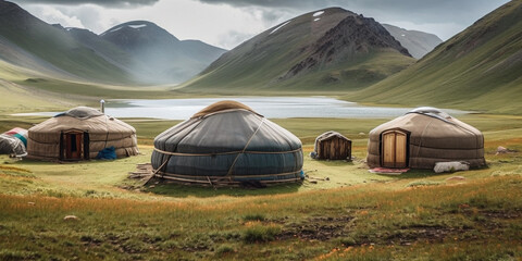 Fototapeta na wymiar Nomadic tents known as Yurt at the Song Kol Lake, Kyrgyzstan Generative AI