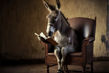 Ilustración de un asno sentado en un sillón leyendo un libro  a la luz de la ventana. Generative AI - obrazy, fototapety, plakaty