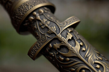 Fototapeta na wymiar closeup of a medieval sword hilt. Generative AI