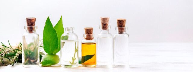 Bottles of essential oil with rosemary, thyme, cinnamon sticks, cardamom, mint, lavender, rose petals and buds on a white background. Generative Ai, - obrazy, fototapety, plakaty
