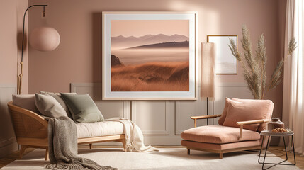 Bohemian Interior Design Style living room in pastel colors mock-up with frame for picture generative ai