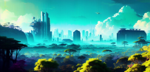 Futuristic Cityscape Built in the Heart of the Rainforest Generative AI Art Illustration