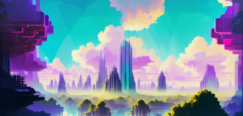 Emerald Cityscape with a Purple-Tinted Skyline Generative AI Art Illustration