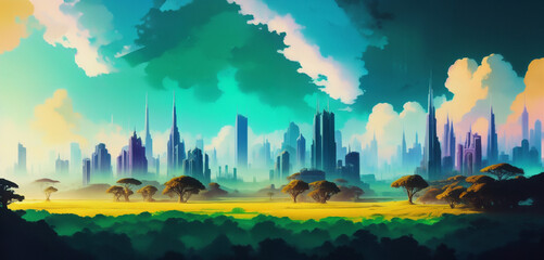 Futuristic Cityscape Rising Amidst the Rainforest Canopy Generative AI Art Illustration