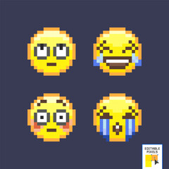 Pixel art emoji icon set. Funny flat style emoticon. Pixel art set of emoticon face icons in a retro 8 bit video game style. Pixel smile icon for web and mobile. vector illustration