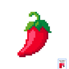 Pixelated style illustration of a chilli red pepper. Pixel art of a chili pepper in 8 bit. 8-bit sprite. Design stickers, logo, mobile app. Paprika. Jalapeno. Spicy. Cayenne.
