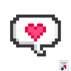 Red heart inside speech bubble pixel art isolated on pink background, Computer games graphics vector illustration, Cute decoration for Valentine's day, wedding romantic love event