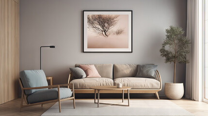 Fototapeta premium Bohemian Interior Design Style living room in pastel colors mock-up with frame for picture generative ai