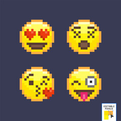 Fototapeta premium Pixel art emoji icon set. Funny flat style emoticon. Pixel art set of emoticon face icons in a retro 8 bit video game style. Pixel smile icon for web and mobile. vector illustration