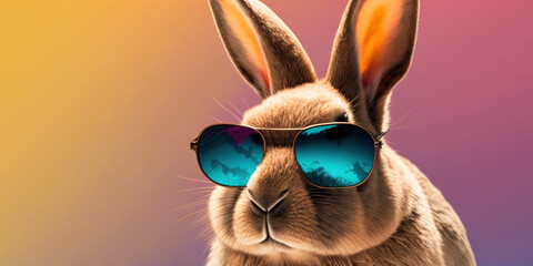 Naklejka na ściany i meble Cool easter bunny with sunglasses on colorful background celebrate promotion easter party. GENERATIVE AI