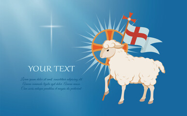Lamb is symbol of Christ's sacrifice. Religious christian symbol lamb of god and cross on flag. Vector illustration - 585905985