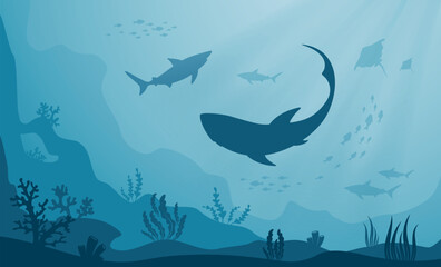Underwater seascape. Silhouettes of sea fish, sharks, corals and algae on blue water background. Ocean life, marine nature, flora and fauna. Vector illustration - 585905992