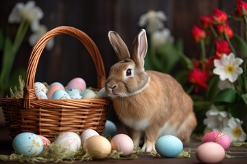 easter bunny and easter eggs in a basket, generative ai