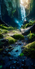 Scenic view of a hidden waterfall in a tropical rainforest paradise environment - portrait wallpaper - generative AI