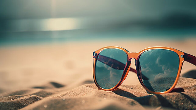 sunglasses on the beach sand seashore travel vacation concept new quality stock image illustration desktop wallpaper design, Generative AI