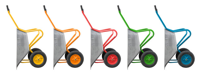 Garden wheelbarrow on a transparent background. Set of construction wheelbarrows, isolated object. Element for design