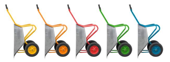 Garden wheelbarrow on a transparent background. Set of construction wheelbarrows, isolated object. Element for design
