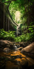 Scenic view of a hidden waterfall in a tropical rainforest paradise - portrait wallpaper - generative AI
