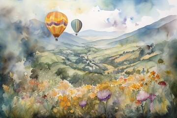 Air balloons flying over mountains and forests. Watercolor painting. Generative AI.