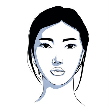 Vector portrait of beautiful asian woman in black and white. Gentle silhouette, fashion illustration