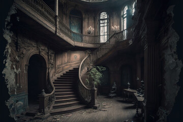 Fototapeta na wymiar Ilustración de una escalera de una vieja mansión o casa. Generative AI