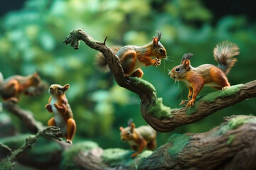 Obraz premium A troupe of acrobatic squirrels leaping through the branches of a tree