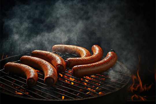 Ilustraci&oacute;n de una parilla mientras se cocinan unas salchichas. Fondo oscuro con humo del fuego.  Generative AI