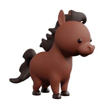Cute little brown horse with mane isolated on white background. 3d rendering     