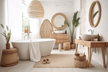 Bathroom in scandinavian boho style. Bright room. - obrazy, fototapety, plakaty