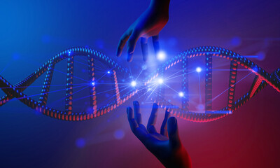 3d of human hand holding the light blood dna cell double helix structure, illustration rendering, network of healthcare business