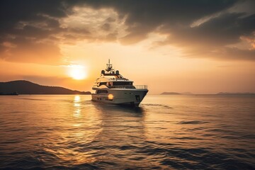 Fototapeta na wymiar a large boat sailing across a large body of water at sunset. generative ai