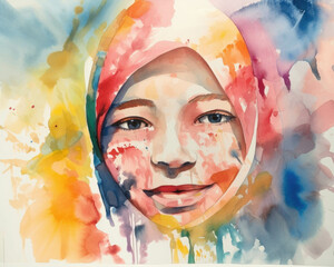An icon of feminism a Muslim woman in hijab smiles radiantly while wearing a veil of paint.. AI generation.