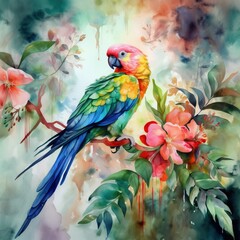  a painting of a parrot sitting on a branch with flowers.  generative ai