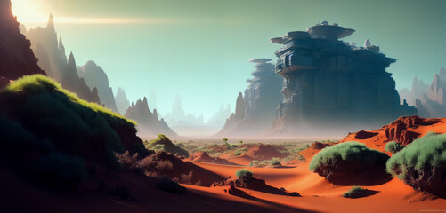 An Extraterrestrial Desert with a Thriving City Built into the Landscape Generative AI Art Illustration
