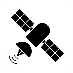 Artificial satelite in orbit around earth. Flat style. On white background. Thin line.