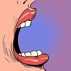 Taking care of your health. Dental treatment. Woman open mouth and row of teeth.