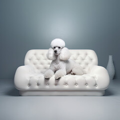 Portrait of a white king poodle on a couch