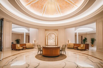 Hotel lobby. Entrance with reception in an exclusive style. Generative AI.