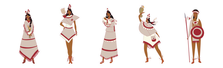 Red Indians Wearing National Clothing and Headdress with Feathers Vector Set