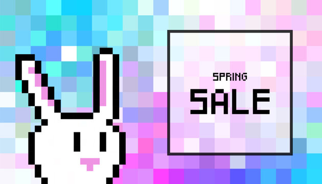 Big spring sale colorful banner with white Easter rabbit on mosaic background