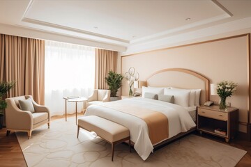 Fototapeta premium Hotel room. Modern cozy style. Big window. Generative AI.