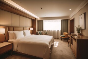 Fototapeta premium Hotel room. Modern cozy style. Big window. Generative AI.