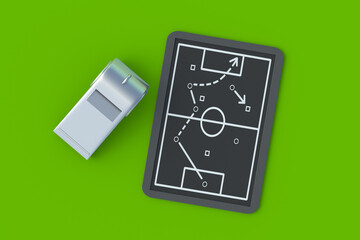 Chalkboard with team tactic near whistle. Soccer strategy concept. International championship. Sports education. Top view. 3d render