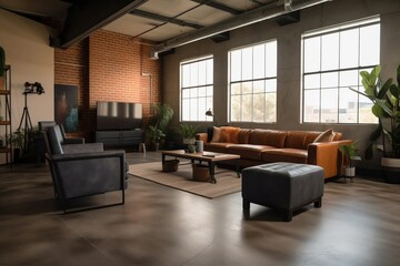 Industrial style living room with large windows. Generative AI.