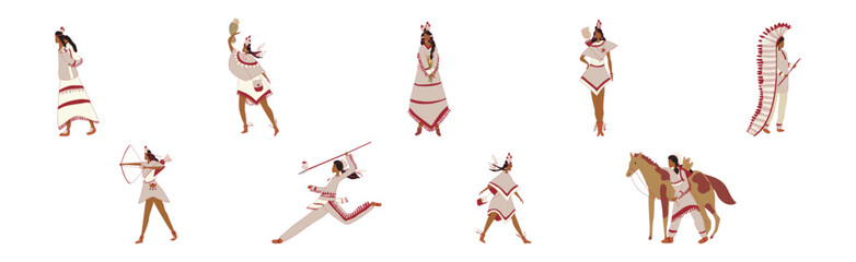 Red Indians Wearing National Clothing and Headdress with Feathers Vector Set