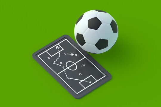 Chalkboard with team tactic near ball. Soccer strategy concept. International championship. Sports education. 3d render