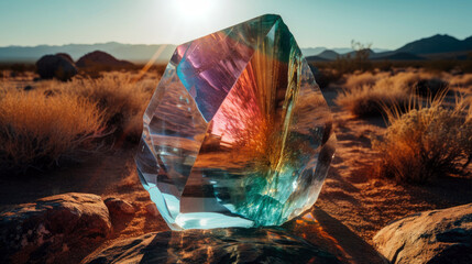 giant crystal in the desert, with rays and reflections (created with Generative AI)