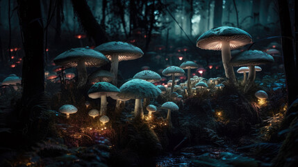Fototapeta na wymiar A mushroom forest in the dark, with fungi and spores (created with Generative AI)