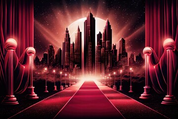 a glamorous red carpet with a sparkling backdrop of city lights and skyscrapers., created with generative ai