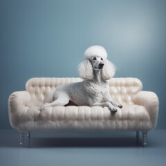 Portrait of a white king poodle on a couch - obrazy, fototapety, plakaty